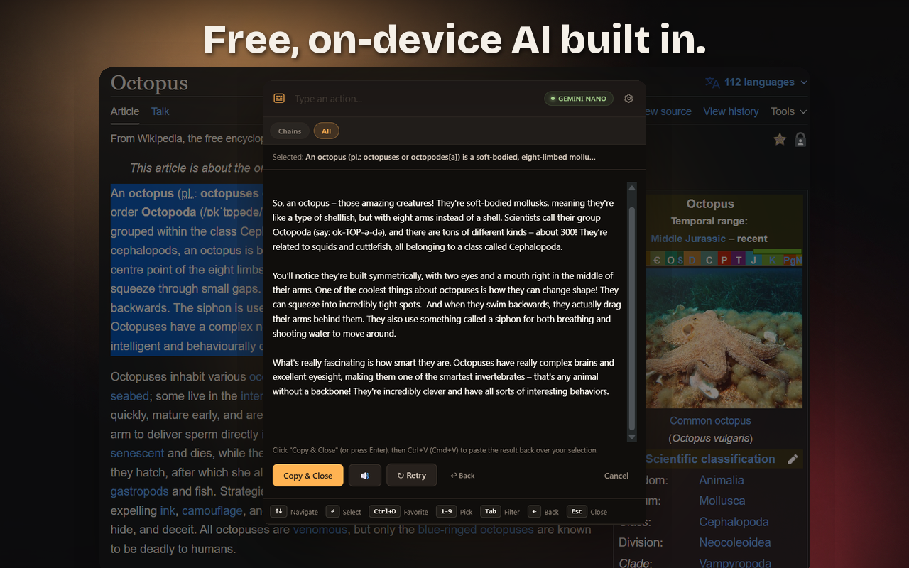 ClipAction result panel running on-device with Gemini Nano