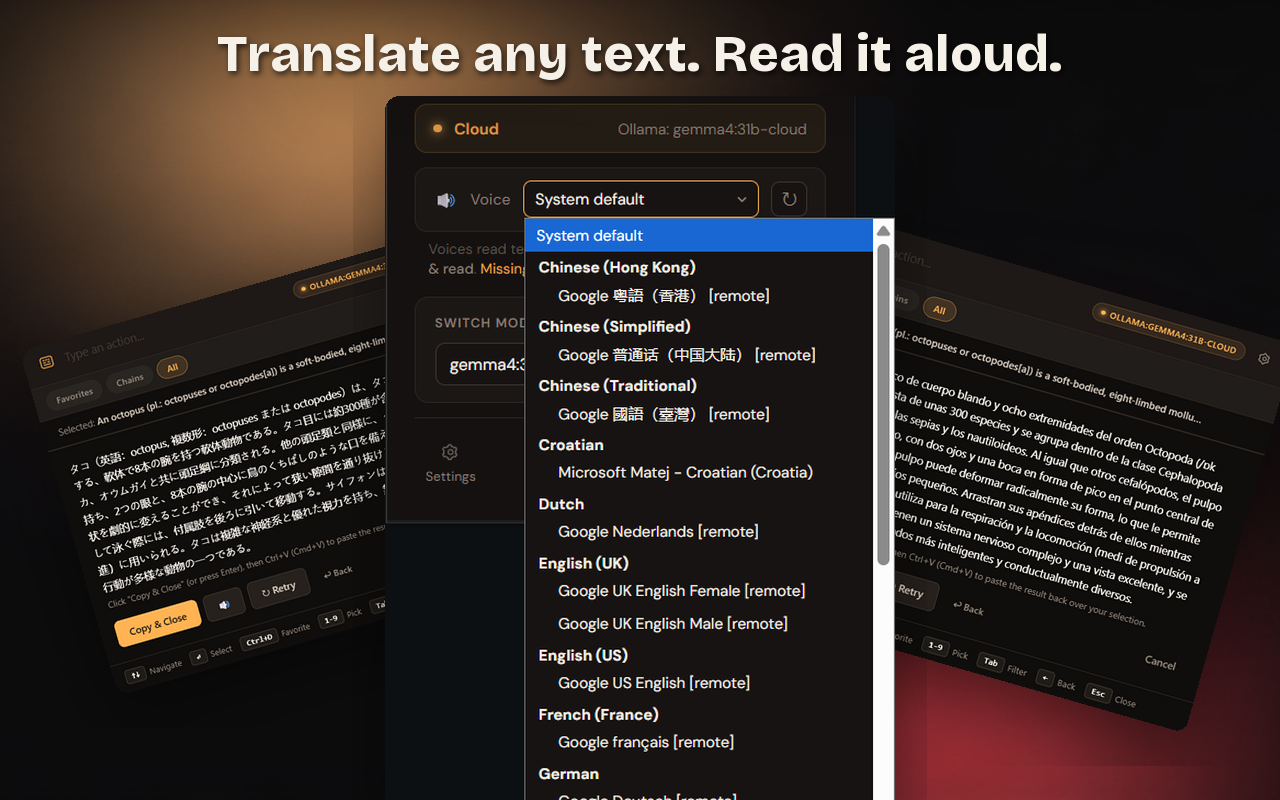 ClipAction translating text and reading it aloud in multiple languages