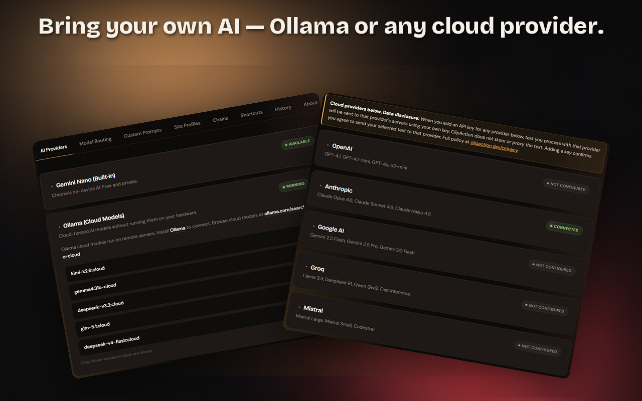 ClipAction settings showing Ollama and cloud AI provider connections