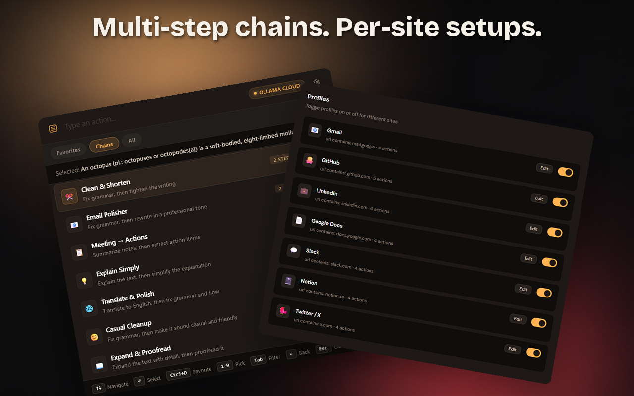 ClipAction multi-step chains and per-site profiles